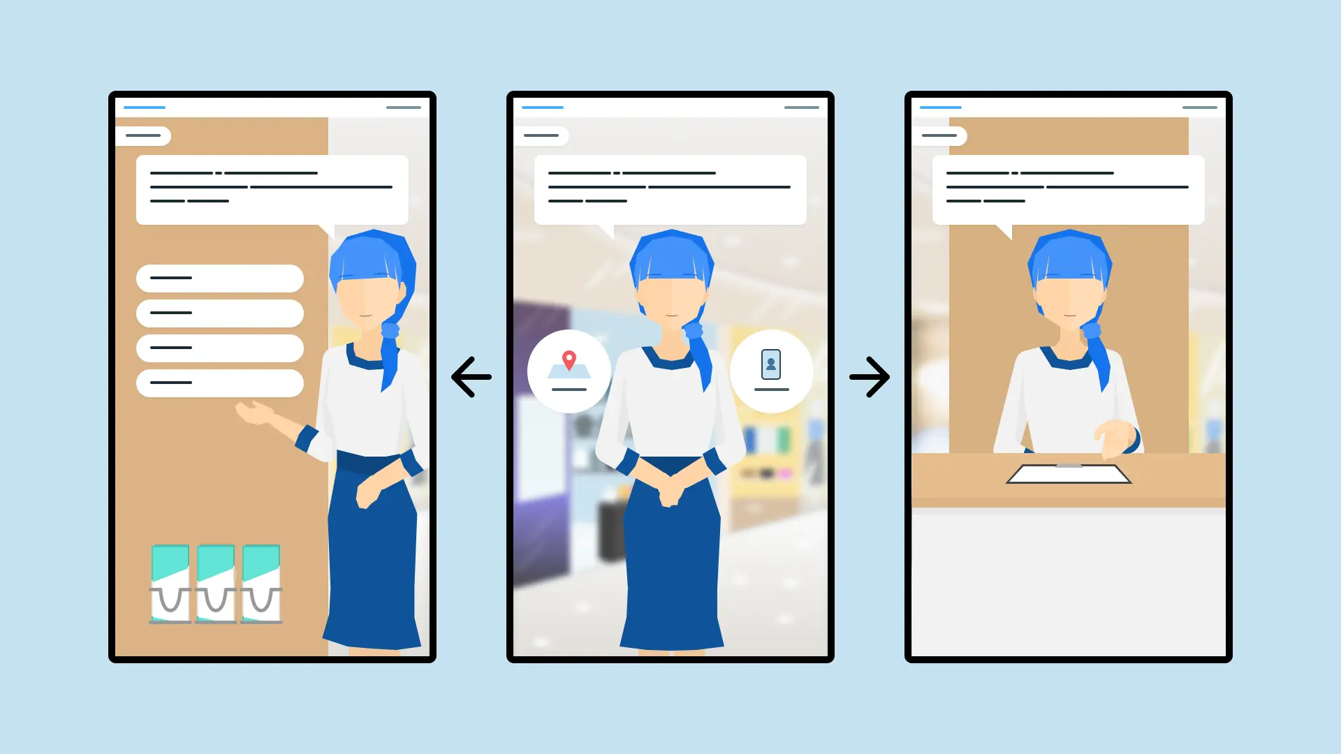 イラスト：正面に立つ場面からフロアマップとアプリ会員への案内の場面に移動する